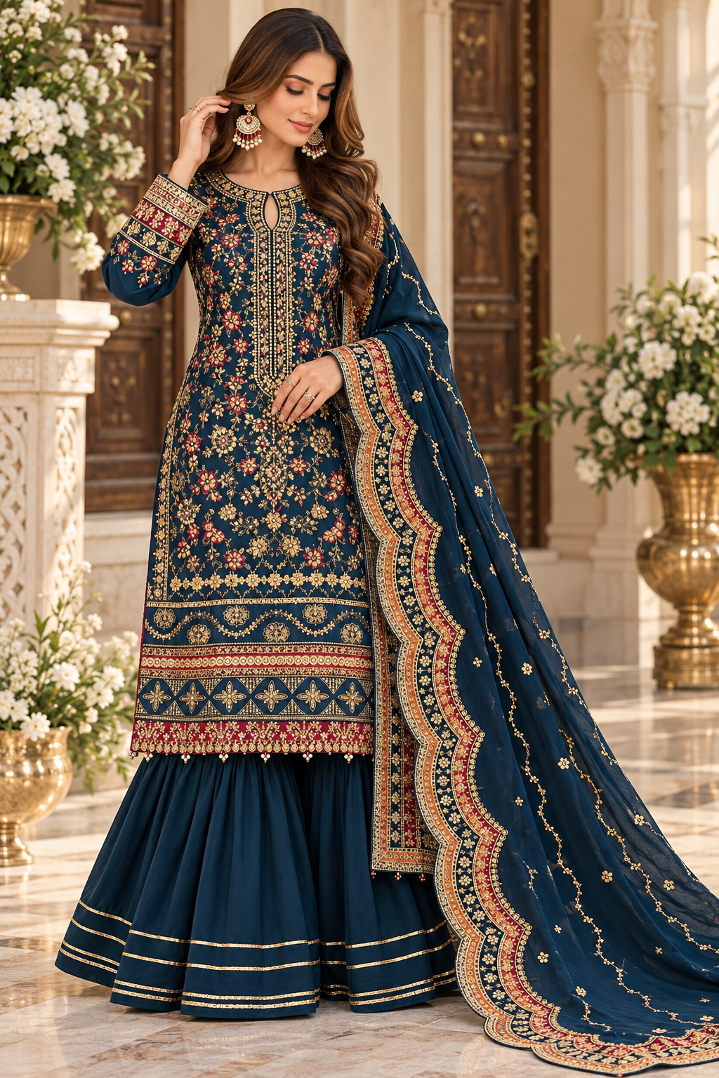 Royal Midnight Blue Embroidered Sharara Suit  Elegance Meets Royalty ✨